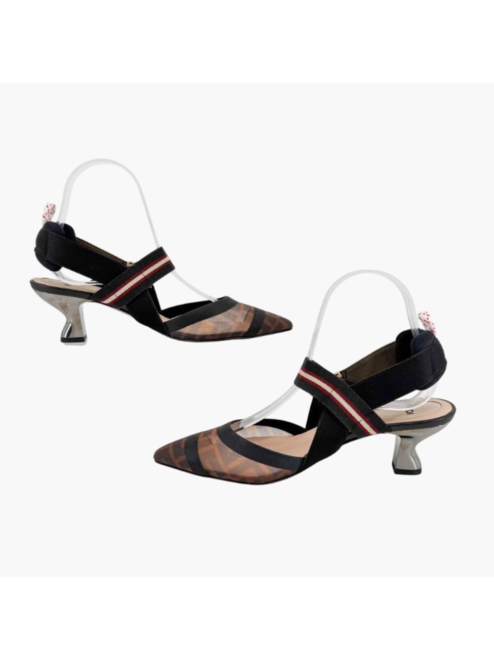 Fendi Colibri FF Mesh Slingback Pumps Heels Brown Zucca Size 37.5 US 7.5 Women’s - Picture 9 of 14